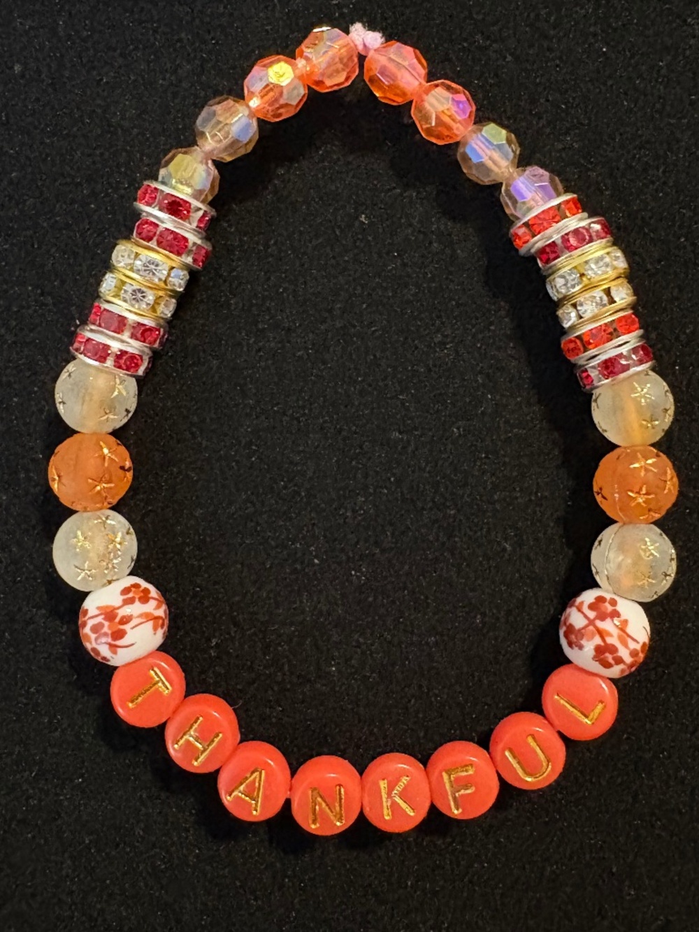 Handmade “Thankful” Inspirational Stretch Bracelet – Orange & Autumn Beads